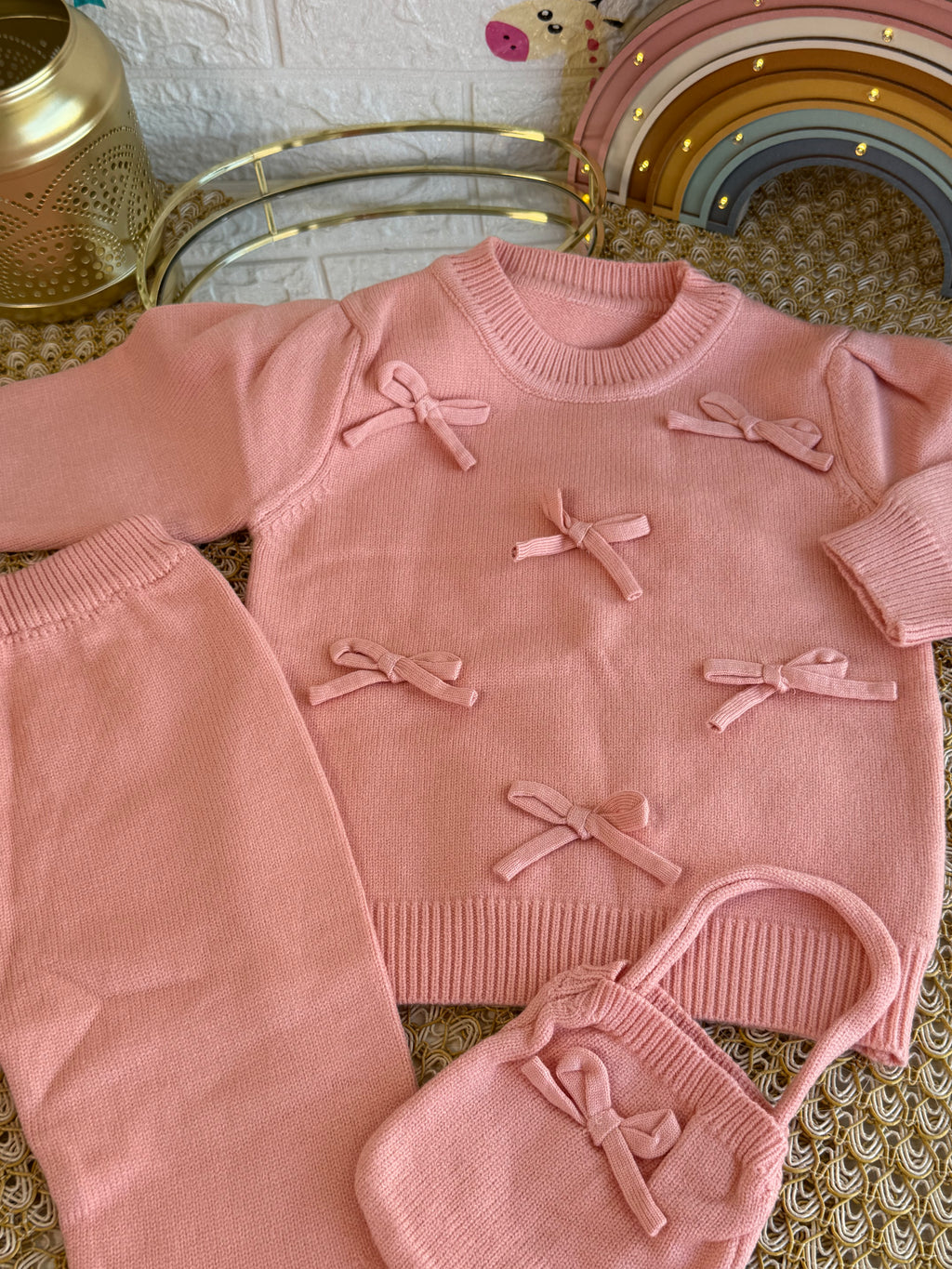 Conjunto tejido rosa con bolsito