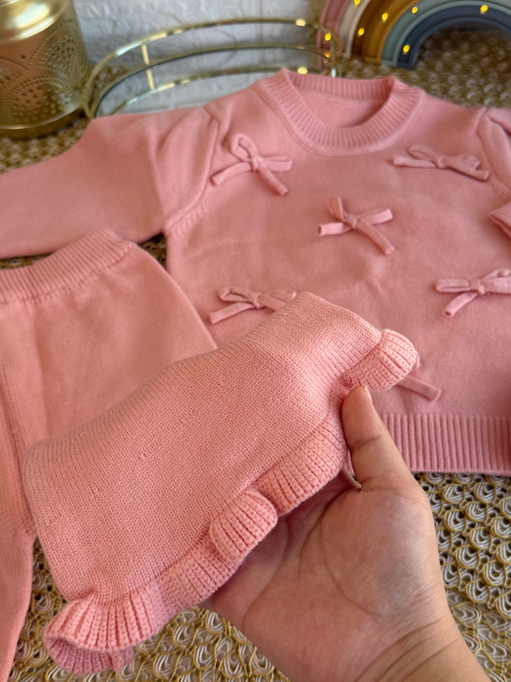 Conjunto tejido rosa con bolsito