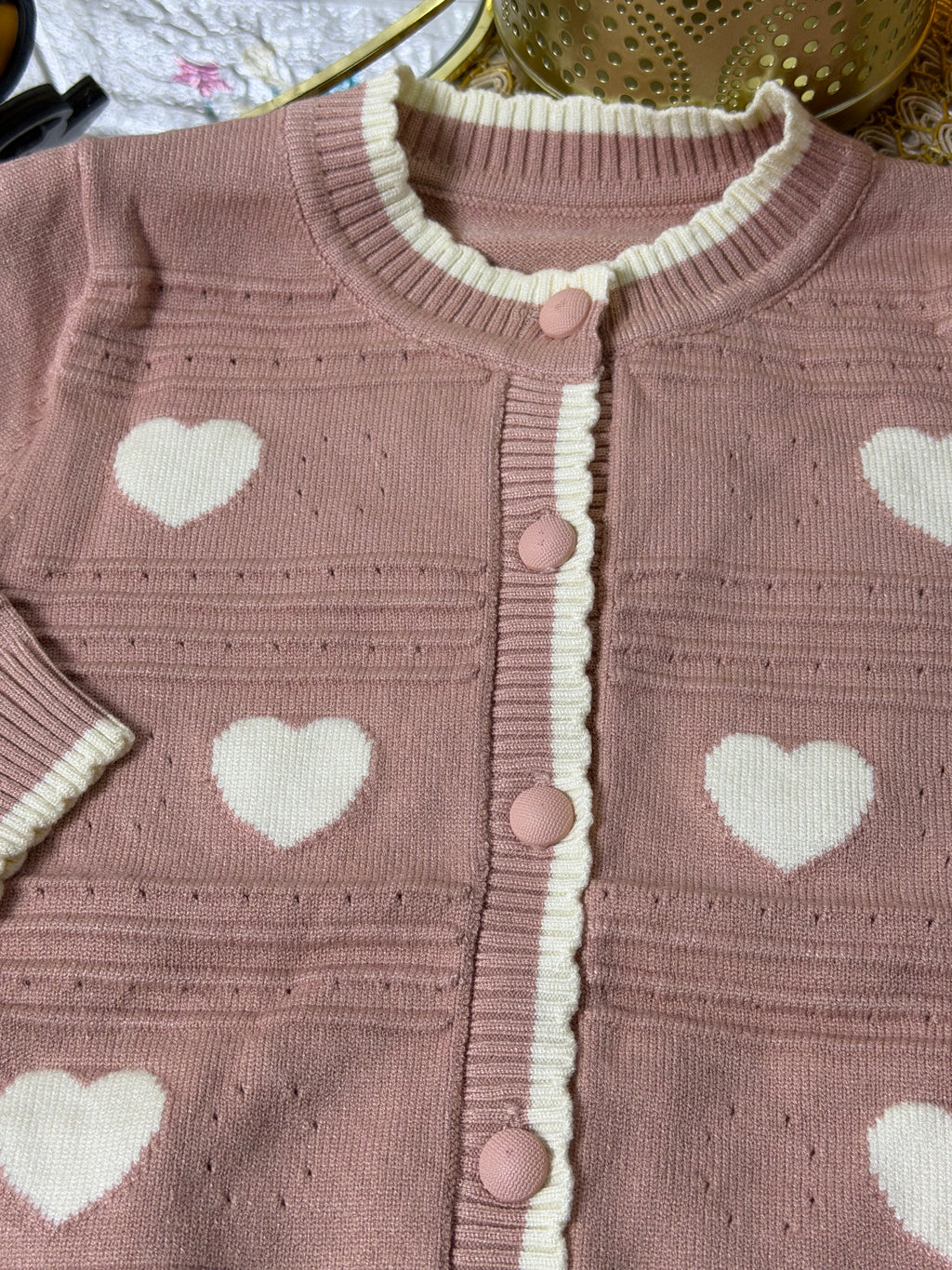 Conjunto tejido palo rosa corazón
