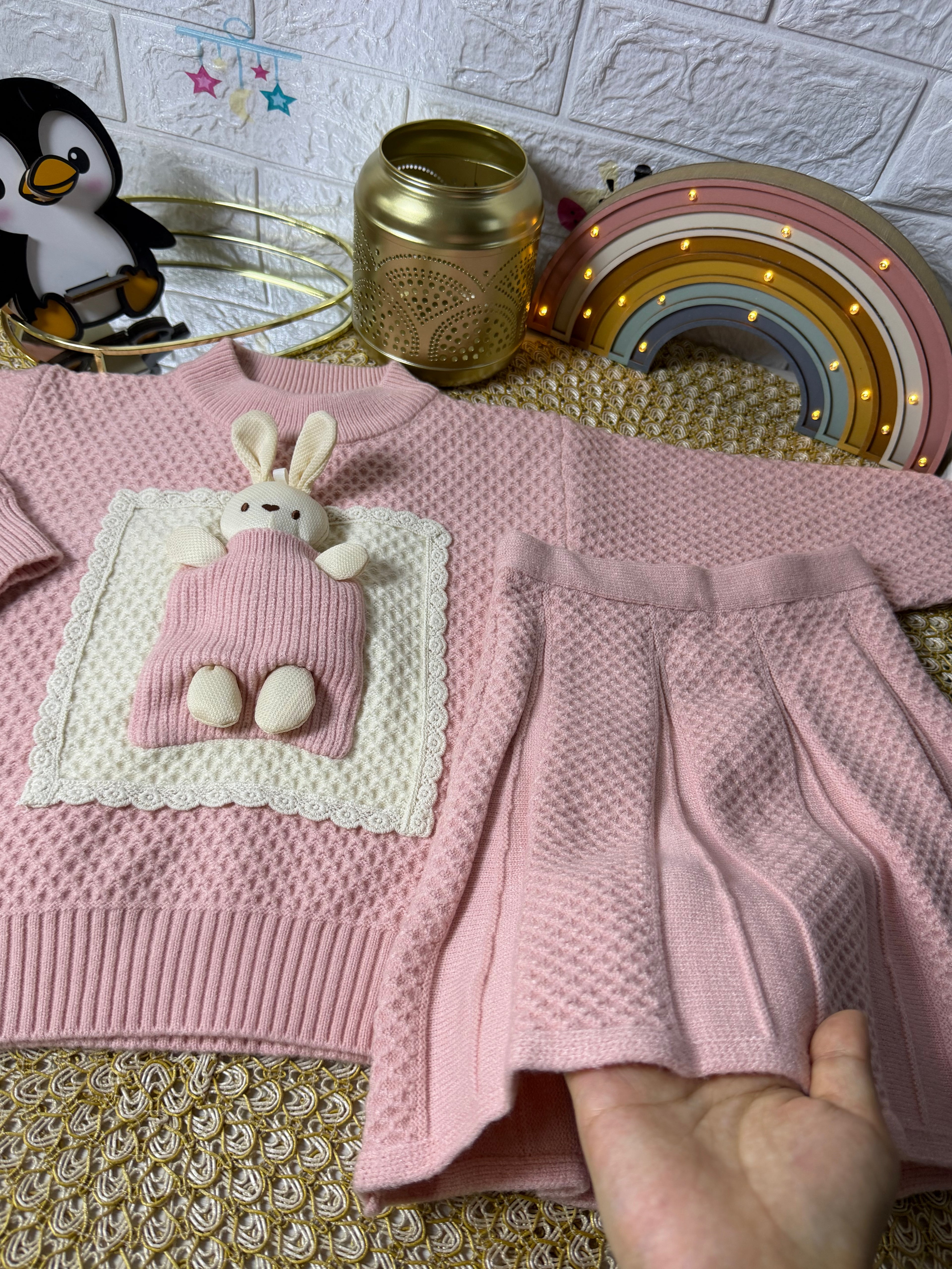 Conjunto tejido palo rosa conejito