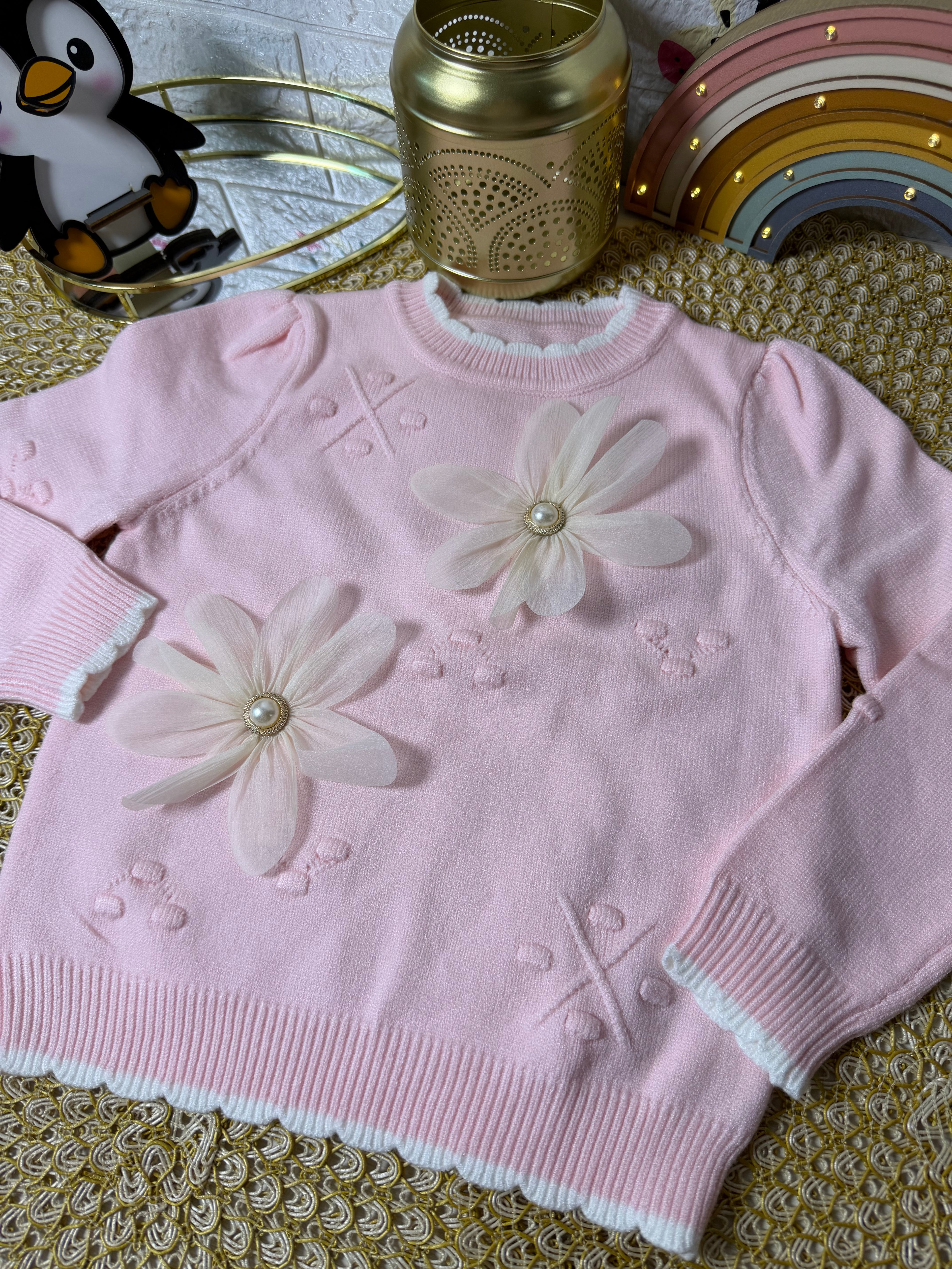 Conjunto tejido rosa flores encaje
