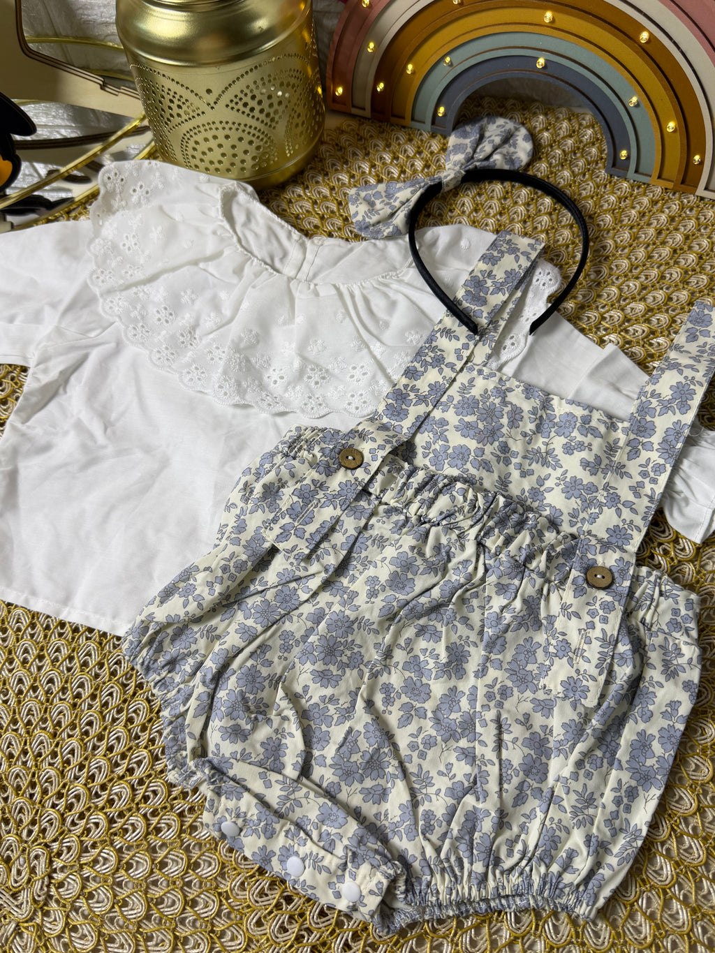 Conjunto 3 piezas celeste floreado