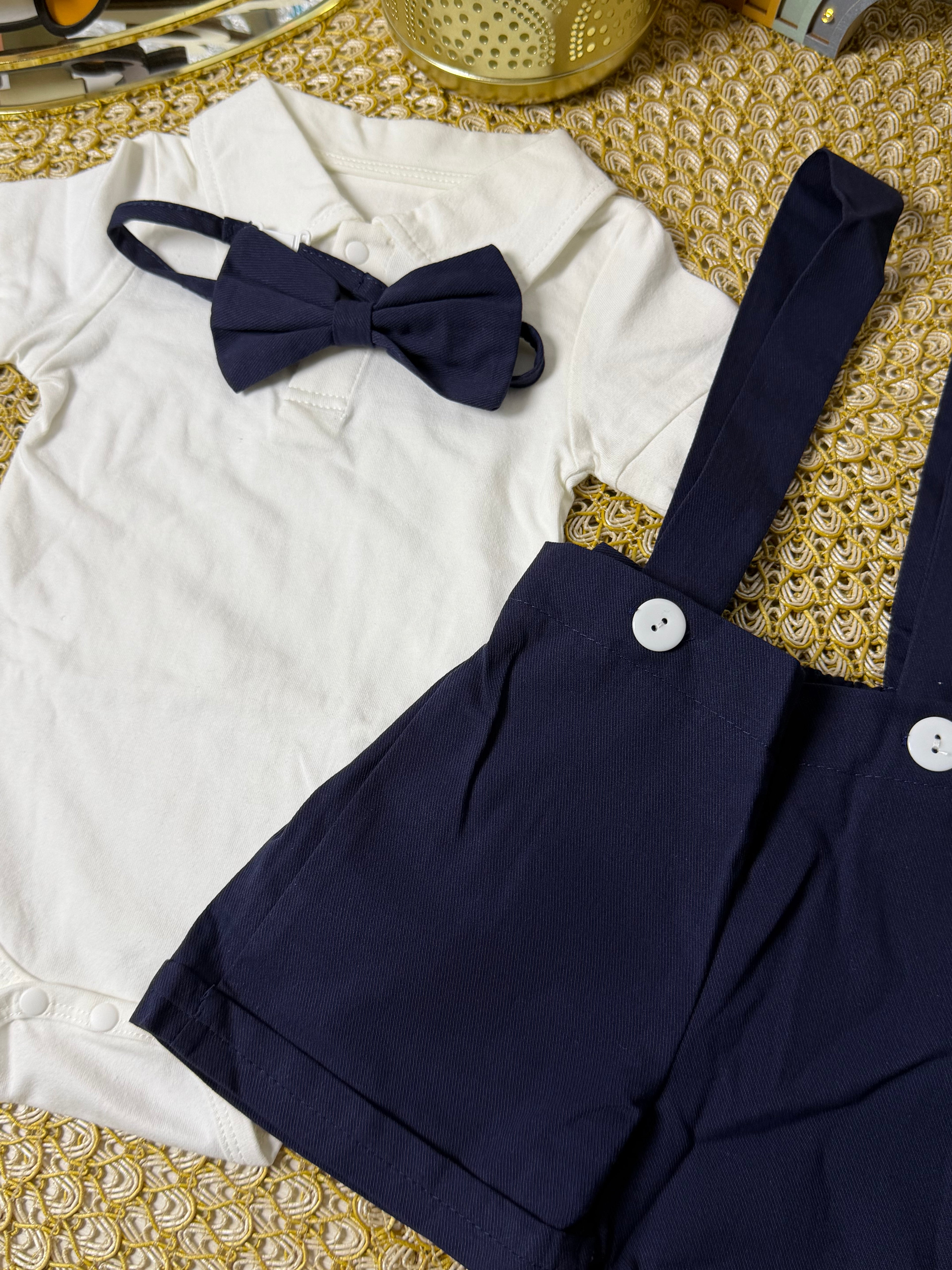 Conjunto 3 piezas azul body, overol y lazo