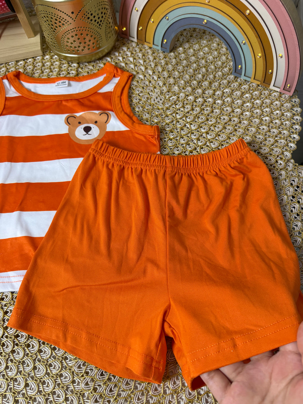 Conjunto 2 piezas corto naranja a rayas