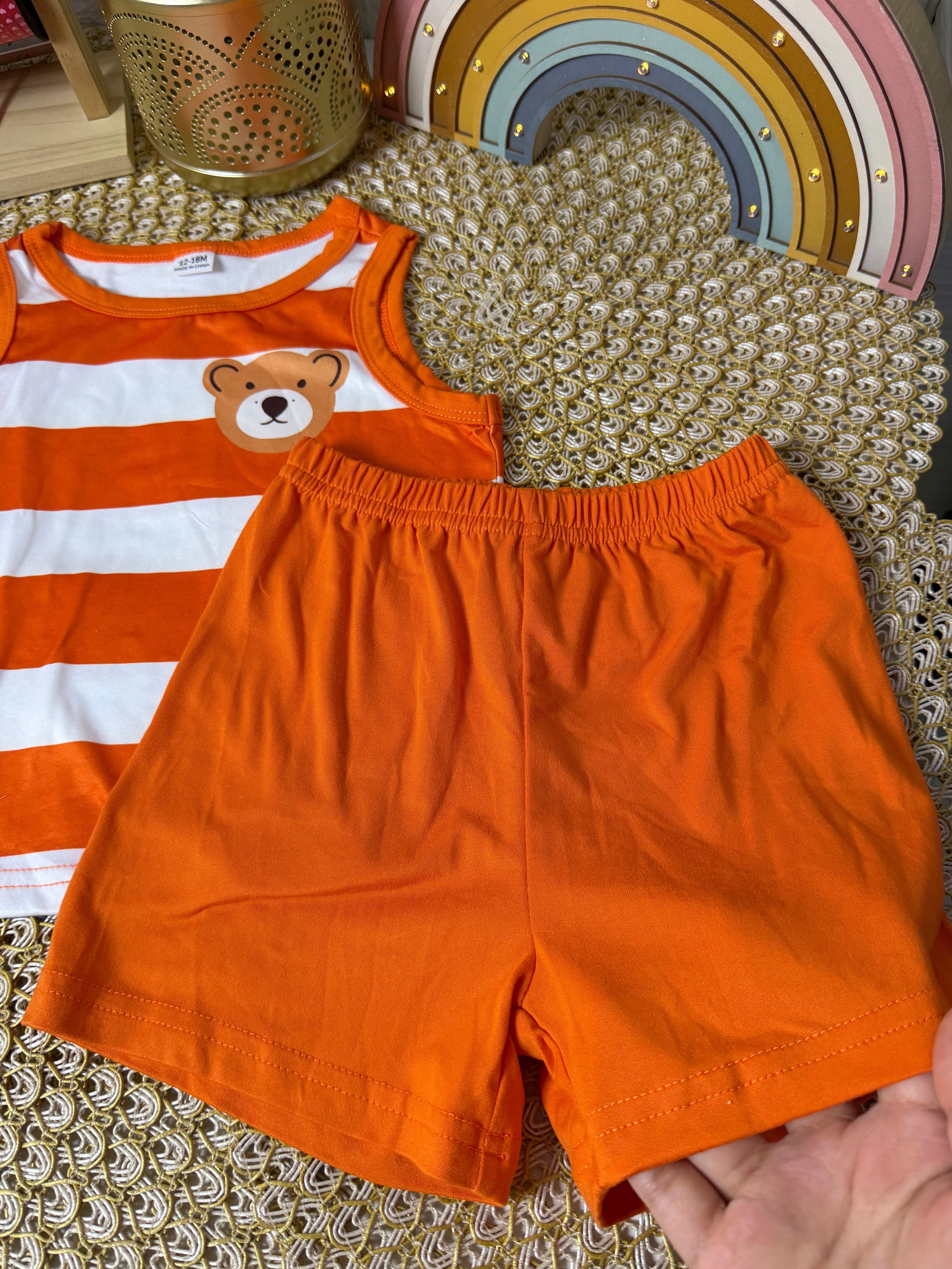 Conjunto 2 piezas corto naranja a rayas